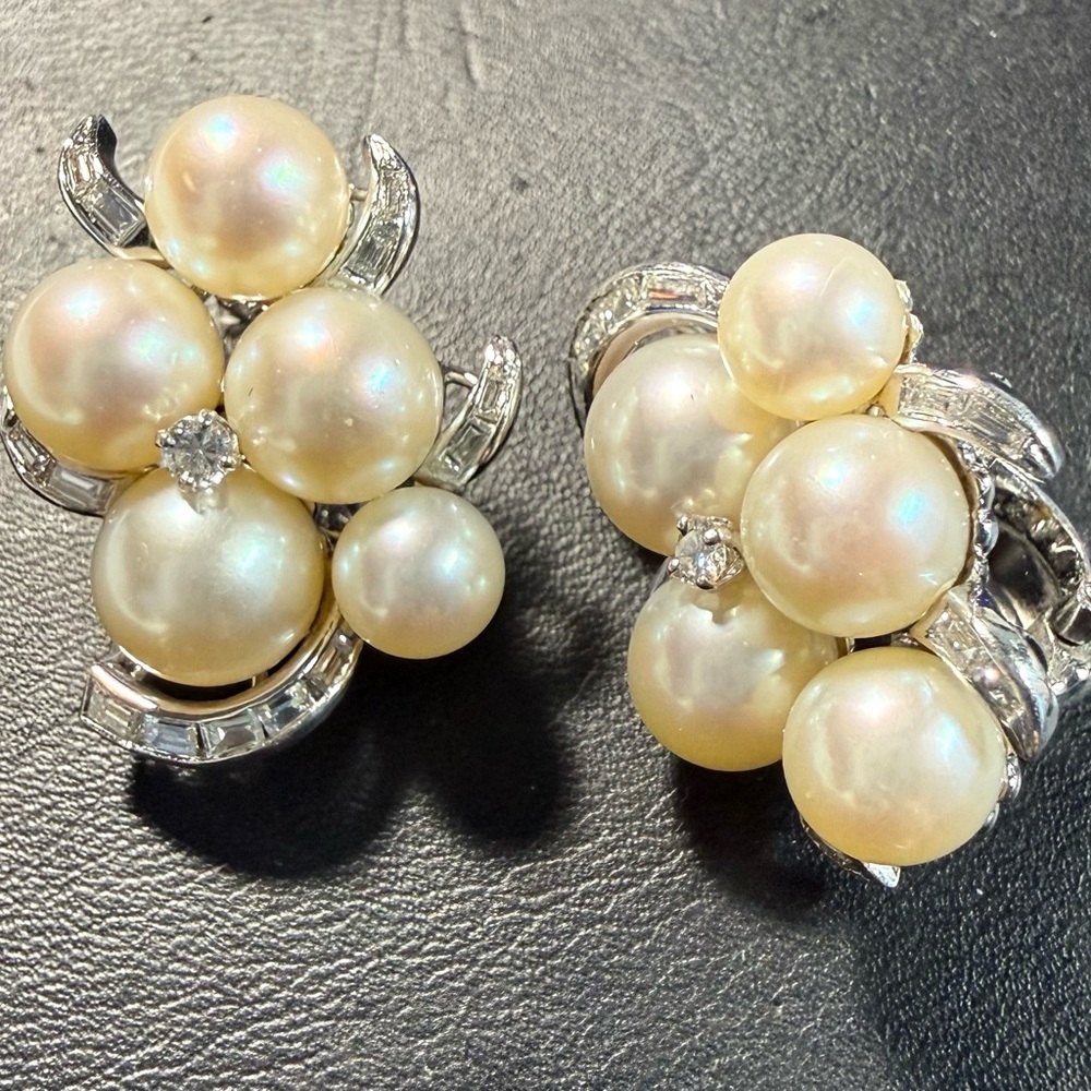 Vintage 14K Solid White Gold antique Pearls & Diamonds Cluster Clip Earrings.